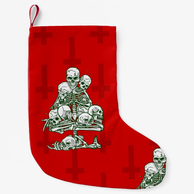 skull ugly christmas tree skeleton gothic cross small christmas stocking (Front)
