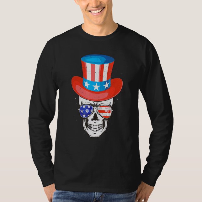 Skull Uncle Sam American Independence Day Flag Sun T-Shirt (Front)