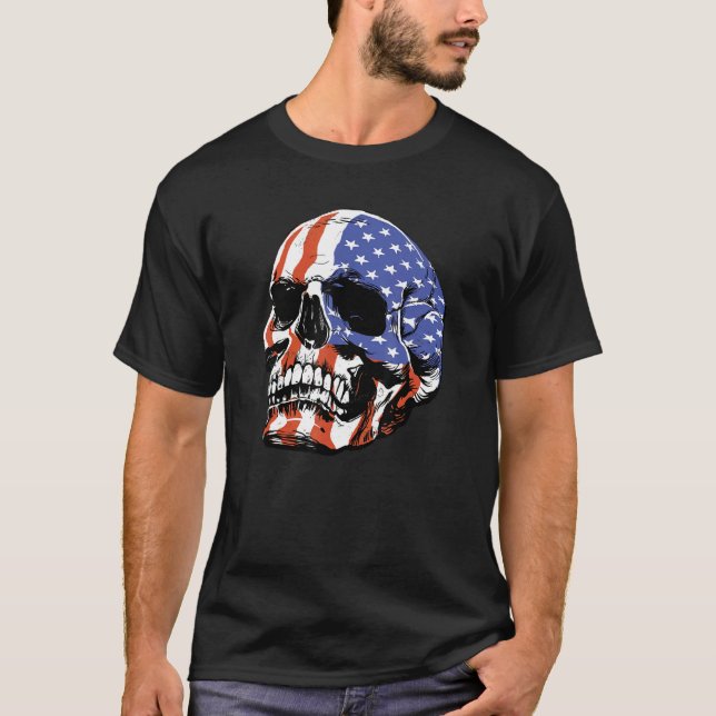 Skull USA Flag America T-Shirt (Front)