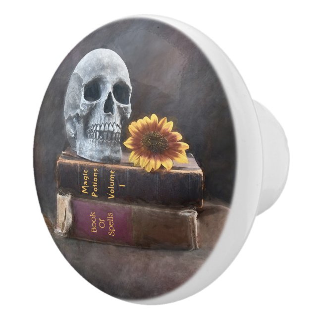 Skull Vintage Books Yellow Sunflower Gothic Ceramic Knob (Right)