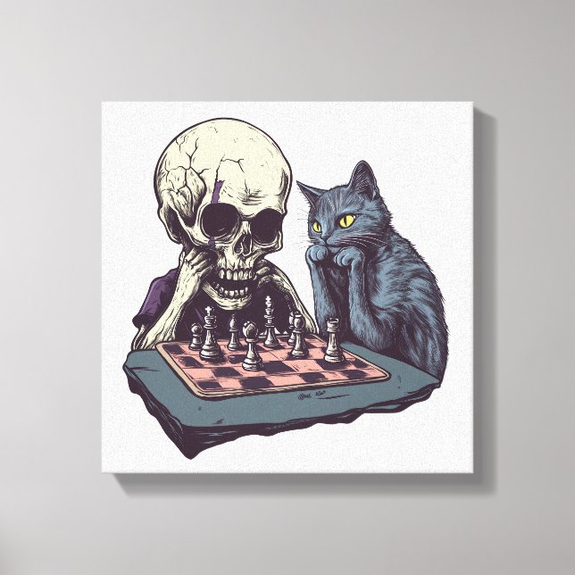 Skull vs Cat � Funny Chess Battle Canvas Print (Front)