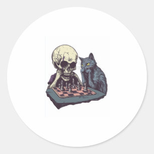 Skull vs Cat � Funny Chess Battle Classic Round Sticker