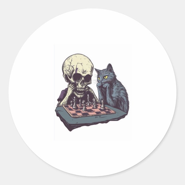 Skull vs Cat � Funny Chess Battle Classic Round Sticker (Front)