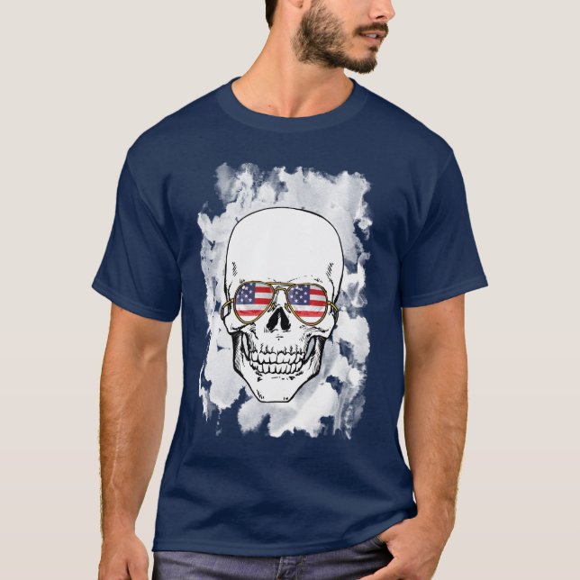Skull wearing Stars and Stripes Sunglasses T-Shirt (Front)