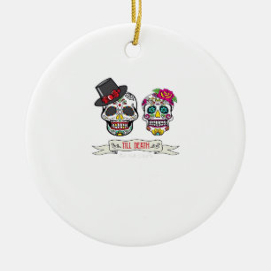 Skull Wedding Bride and Groom Till Death Print Ceramic Tree Decoration