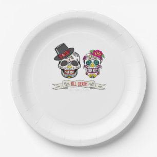 Skull Wedding Bride and Groom Till Death Print Paper Plate