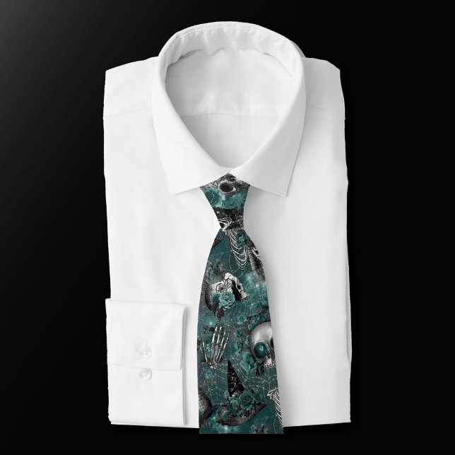Skull Witch Floral | Dark Gothic Midnight Teal Tie (Creator Uploaded)
