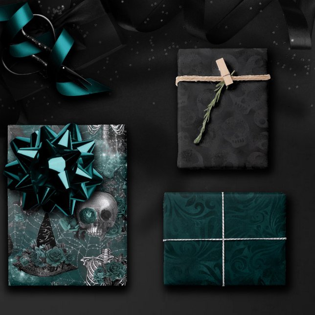 Skull Witch Floral | Dark Gothic Midnight Teal Wrapping Paper Sheet (Creator Uploaded)