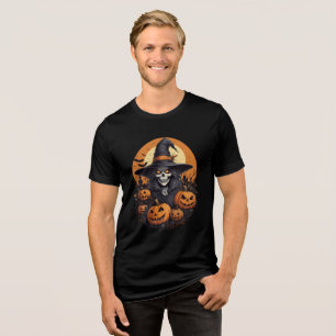 Skull Witch with Pumpkins Halloween Art Tri-Blend Shirt