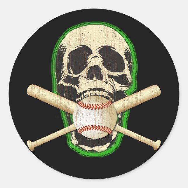 SKULL WITH BASEBALL AND BATS CLASSIC ROUND STICKER (Front)