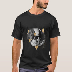 Skull with Black flowers and gold leaves on black T-Shirt