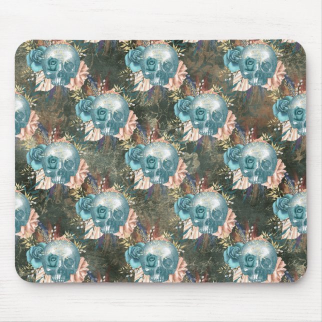 Skull with Blue and Pink Roses Mouse Pad (Front)