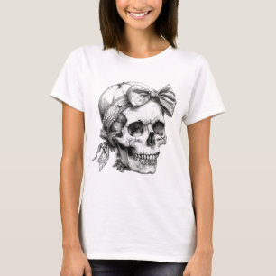 Skull With Bow Halloween T-Shirt Creep It Real BW