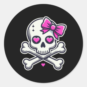 Skull With Bow Pink Girl Skull Halloween Classic Round Sticker