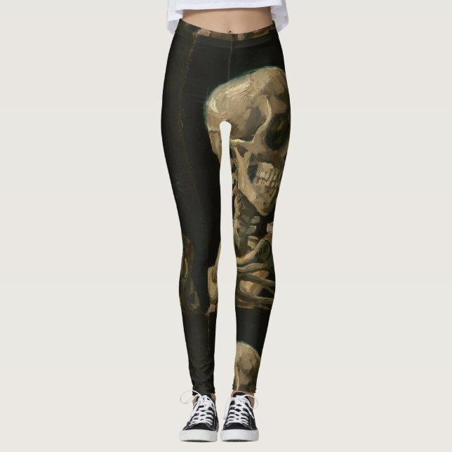 Skull with Burning Cigarette by Van Gogh Leggings (Front)