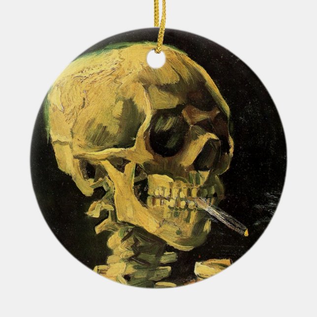 Skull with Burning Cigarette by Vincent van Gogh Ceramic Tree Decoration (Front)