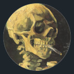 Skull with Burning Cigarette by Vincent van Gogh Classic Round Sticker<br><div class="desc">Skull with Burning Cigarette by Vincent van Gogh is a vintage fine art post impressionism still life painting. A portrait of human skeleton smoking. Great image to use for anti-smoking products. Smoking kills 1, 000s every year, help someone to quit smoking today. Great image for Halloween or Día de los...</div>