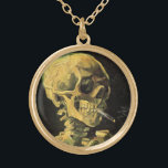 Skull with Burning Cigarette by Vincent van Gogh Gold Plated Necklace<br><div class="desc">Skull with Burning Cigarette by Vincent van Gogh is a vintage fine art post impressionism still life painting. A portrait of human skeleton smoking. Great image to use for anti-smoking products. Smoking kills 1, 000s every year, help someone to quit smoking today. Great image for Halloween or Día de los...</div>