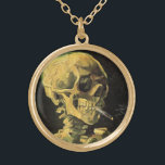 Skull with Burning Cigarette by Vincent van Gogh Gold Plated Necklace<br><div class="desc">Skull with Burning Cigarette by Vincent van Gogh is a vintage fine art post impressionism still life painting. A portrait of human skeleton smoking. Great image to use for anti-smoking products. Smoking kills 1, 000s every year, help someone to quit smoking today. Great image for Halloween or Día de los...</div>