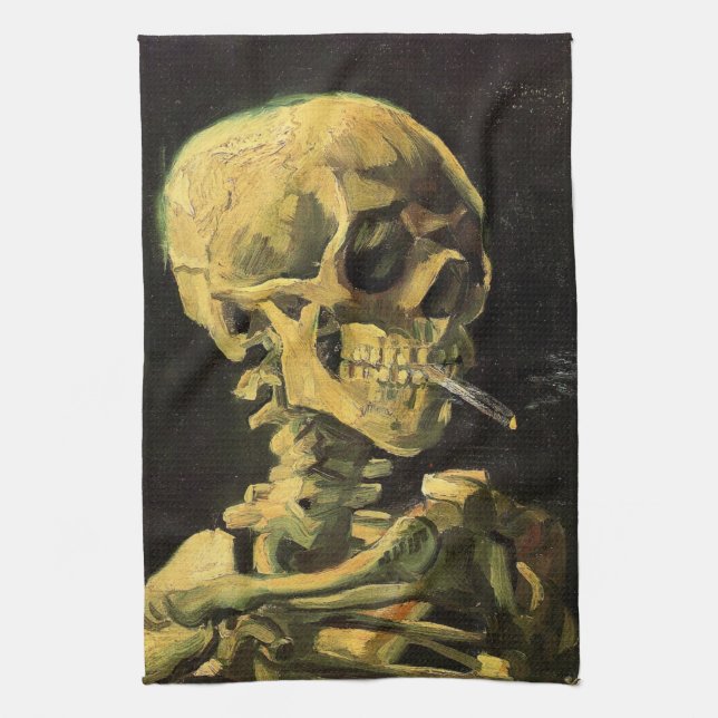Skull with Burning Cigarette by Vincent van Gogh Tea Towel (Vertical)