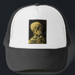 Skull with Burning Cigarette by Vincent van Gogh Trucker Hat<br><div class="desc">Skull with Burning Cigarette by Vincent van Gogh is a vintage fine art post impressionism still life painting. A portrait of human skeleton smoking. Great image to use for anti-smoking products. Smoking kills 1, 000s every year, help someone to quit smoking today. Great image for Halloween or Día de los...</div>