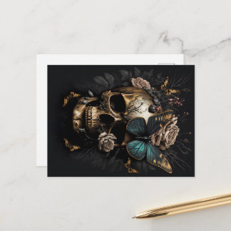 Skull with Butterfly Gold Black Motif Postcard