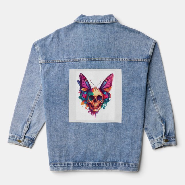 Skull with Butterfly Wings Denim Jacket (Back)