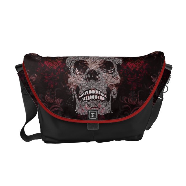 Skull with Crown on Grunge Black Lace Red Damask Messenger Bag (Front)