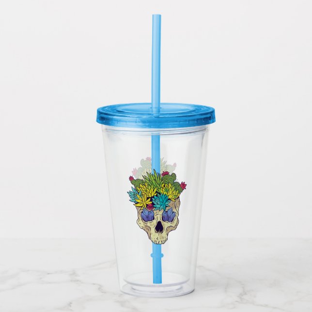 Skull with Crystals and Succulents Acrylic Tumbler (Front)