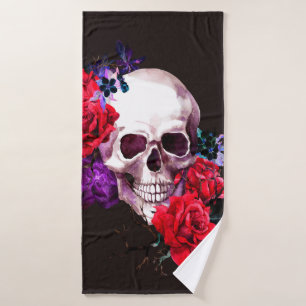 Skull with dark flowers branches and red roses sea bath towel
