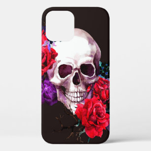 Skull with dark flowers branches and red roses sea iPhone 12 case