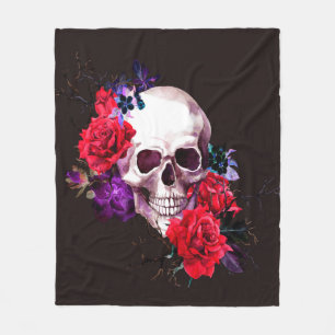 Skull with dark flowers branches and red roses sea fleece blanket