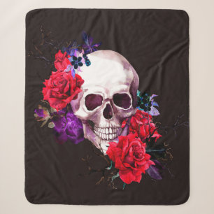 Skull with dark flowers branches and red roses sea sherpa blanket