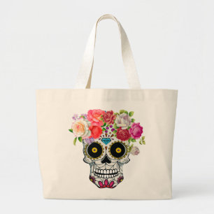 Skull with Floral Large Tote Bag