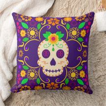 Skull with Flowers Día de los Muertos Throw Pillow