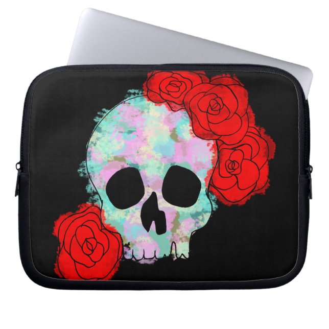 Skull with Flowers Pastel Roses Watercolor Laptop Sleeve (Front)