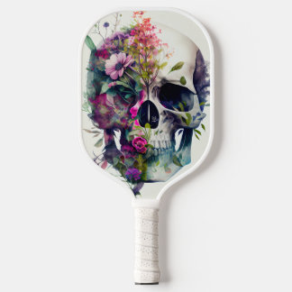 skull with flowers, white background pickleball paddle