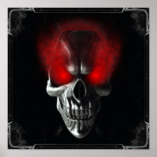 Skull with glowing red eyes throw pillow poster