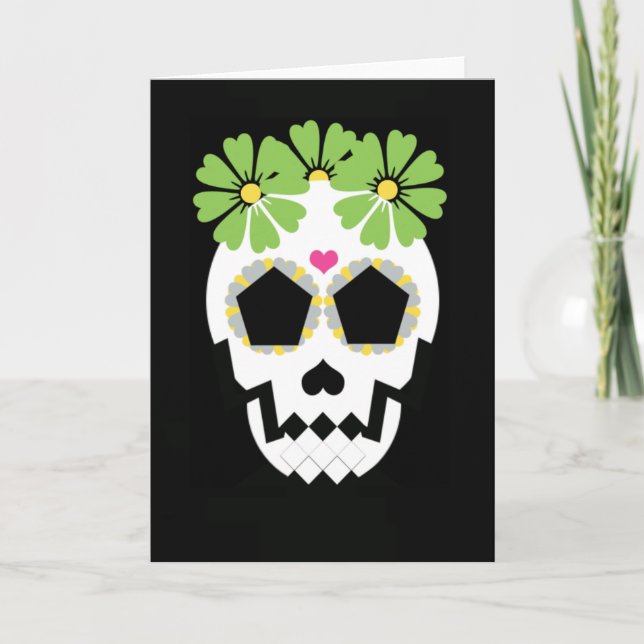 Skull With Green Flowers Greeting Card (Front)