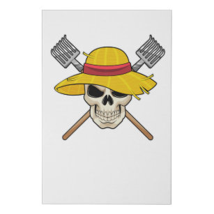 Skull with Hat as Farmer with Rake Faux Canvas Print