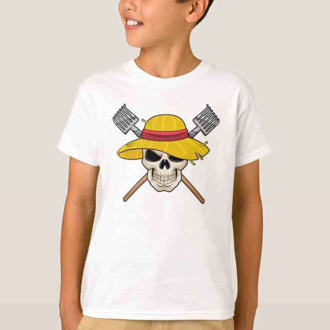 Skull with Hat as Farmer with Rake T-Shirt (Front)