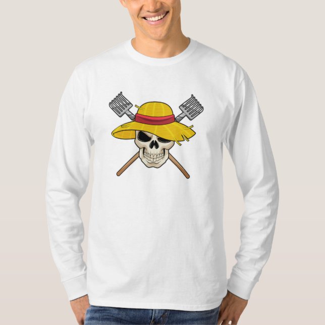 Skull with Hat as Farmer with Rake T-Shirt (Front)