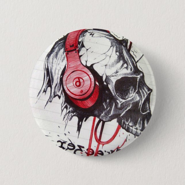 Skull with Headphones Design 6 Cm Round Badge (Front)