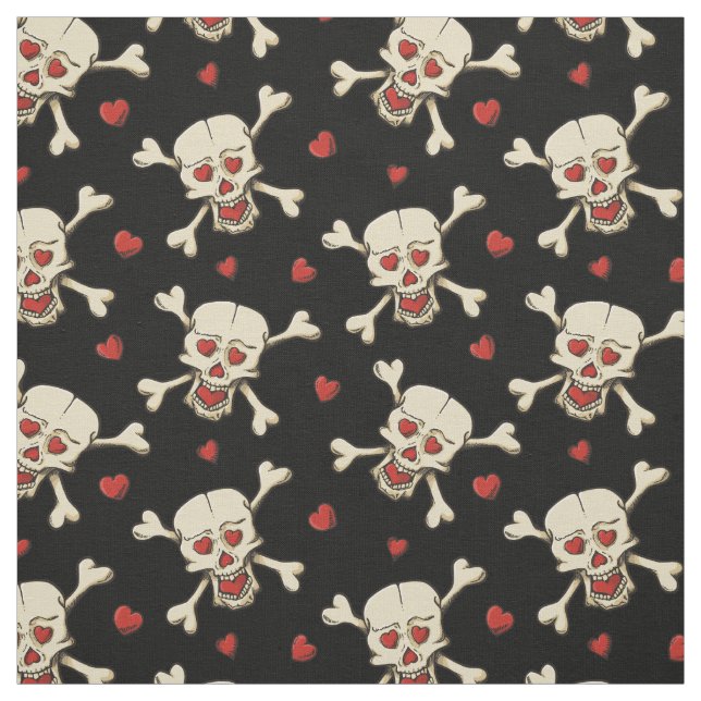 Skull with Hearts Pattern Fabric (Swatch)