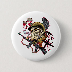 Skull with Helmet, Aeroplanes and Bombs 6 Cm Round Badge