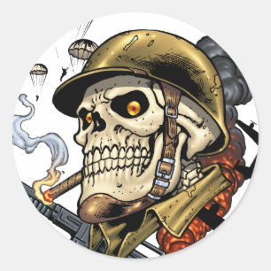 Skull with Helmet, Aeroplanes and Bombs Classic Round Sticker