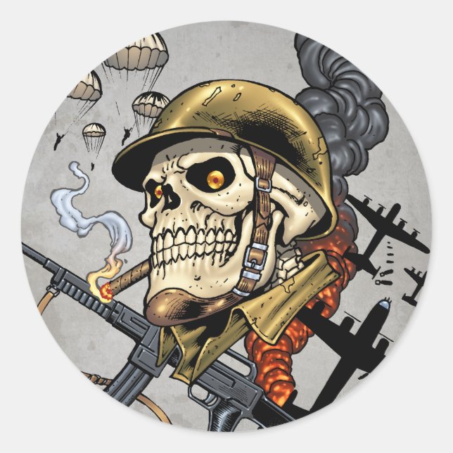 Skull with Helmet, Aeroplanes and Bombs Classic Round Sticker (Front)