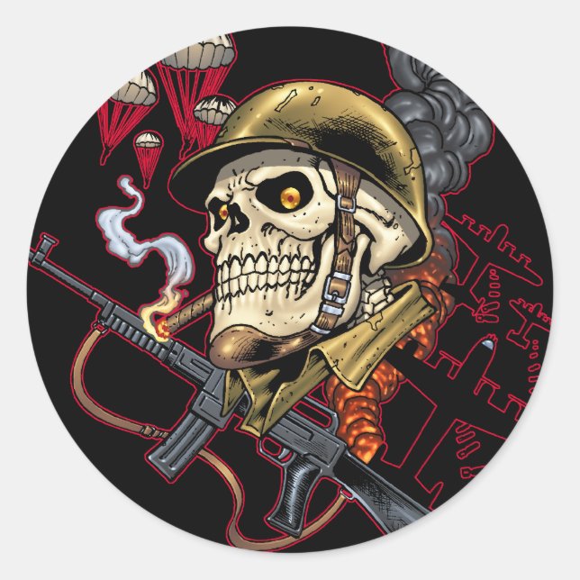 Skull with Helmet, Aeroplanes and Bombs Classic Round Sticker (Front)