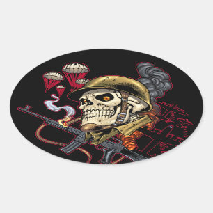 Skull with Helmet, Aeroplanes and Bombs Oval Sticker