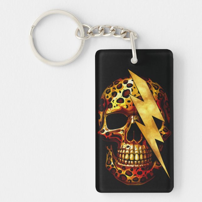 Skull with Leopard Print & Gold Spark Key Ring (Front)